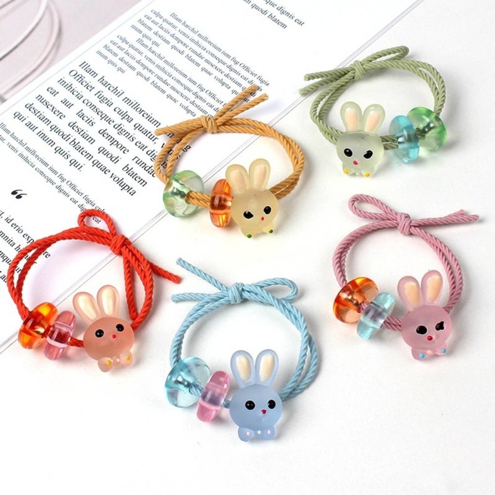 Set/5 Adorable Resin Bunny/Bead Twisted‎ Elastic Hair Ties